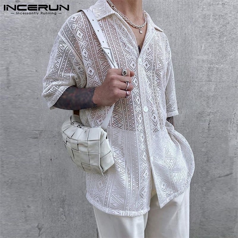 Men's Casual Shirts INCERUN Men Shirt Mesh See Through Lapel Sexy Short Sleeve Lace Button Camisas Streetwear Party Nightclub Men Clothing 7 2307