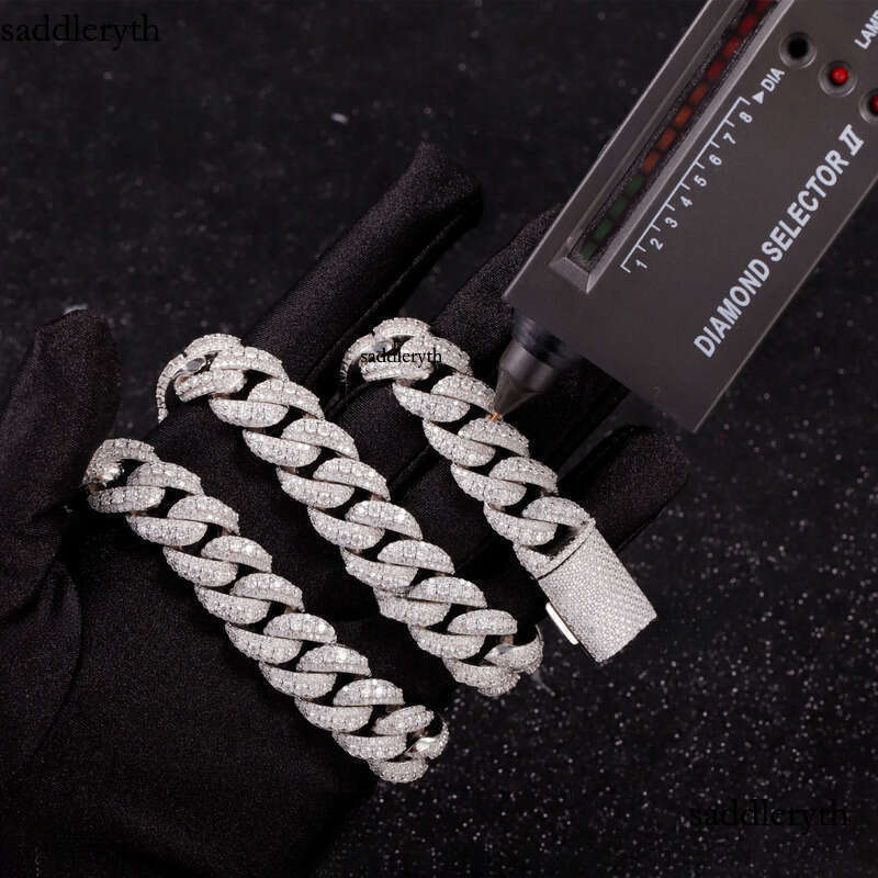 Handmade Jewelry 14mm 18mm 3row Hip Hop Necklace Sterg Sier with Round Brilliant Cut Moissanite Cuban Chain