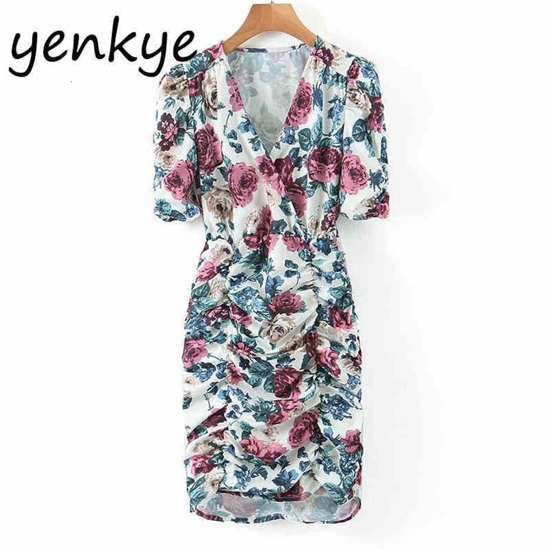 Vintage Floral Print Draped Bodycon Dress Women Short Sleeve V Neck Sexy Mini Dress Summer Casual Party vestidos mujer XQB623 210515