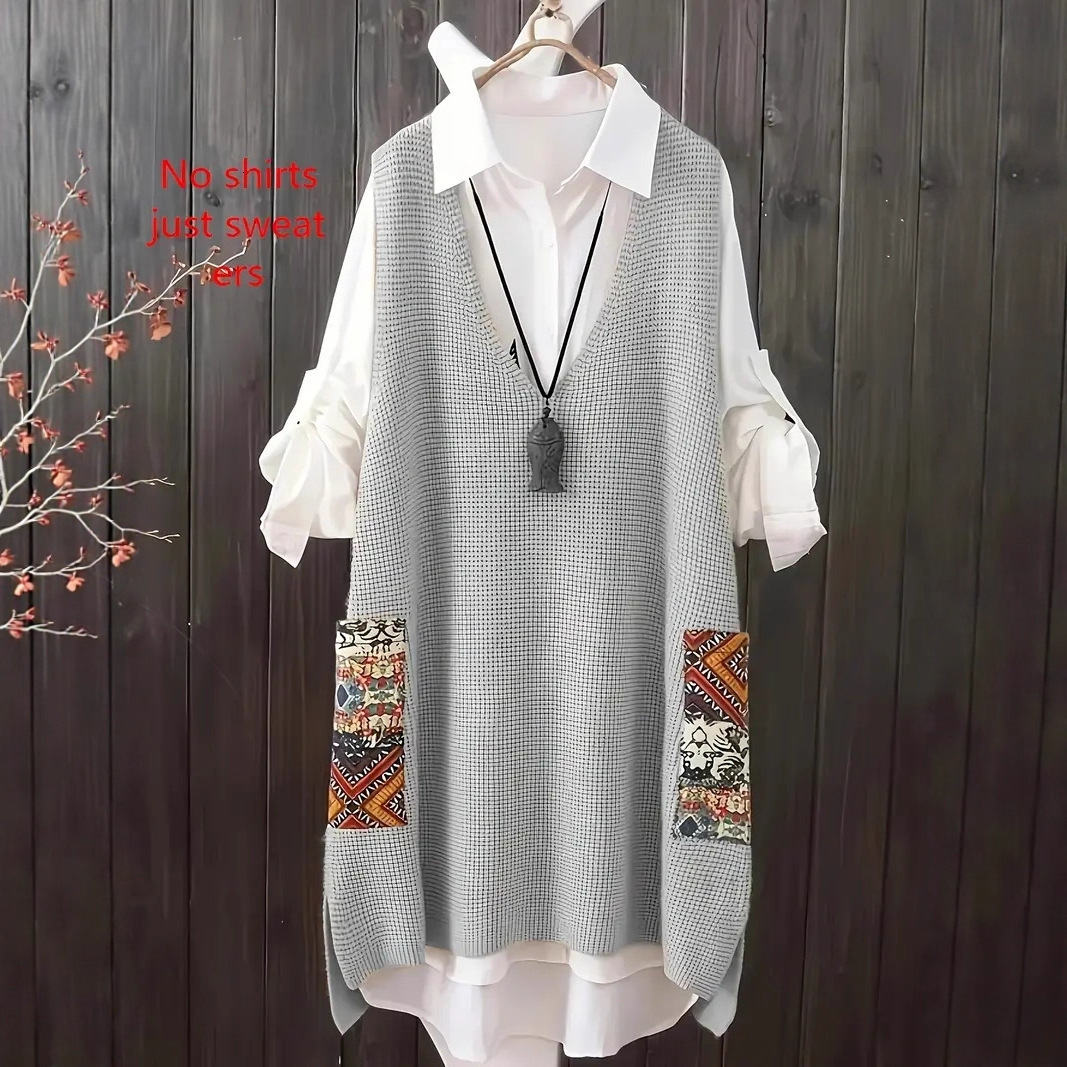 Plus Size Women's Versatile Spring and Autumn New Korean Style Loose Long Sleeveless Sweater with Random Printed Pocket