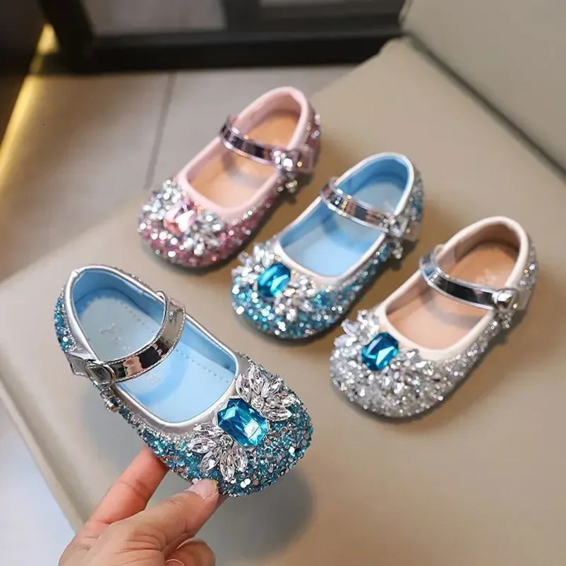 Girls Fashion Princess Shoes Crystal Shoes Bow Girl Kindergarten Flat Shoes Baby Soft Sole Princess Elsa Trend Single Shoes 241219