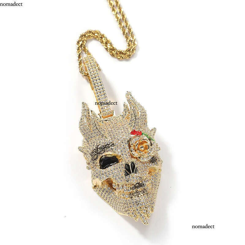 Iced Out Rose Skull Pendant Necklaces Mens Gold Necklace Fashion Punk Hip Hop Jewelry 2d