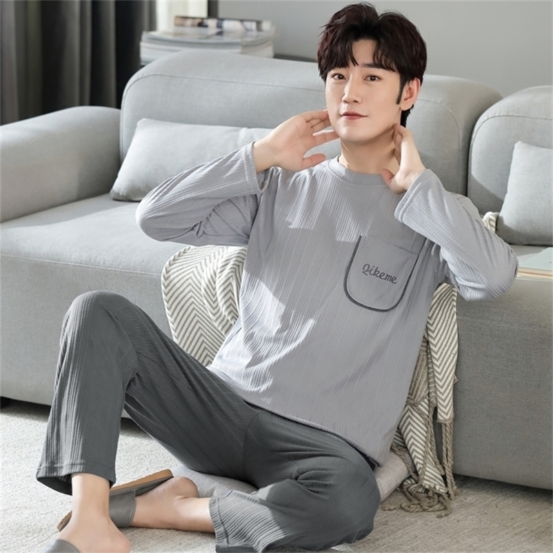 Men's Sleepwear Cotton Korean Style 2 Pieces Pajamas for Men Breathable Homewear Autumn Simple Pyjama Comfortable Sleepwear Fashion Nightwear 230