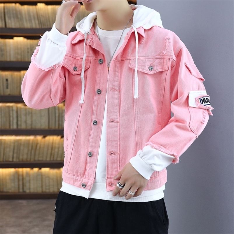 Men's Jackets Men Autumn Hooded Men Jean Jackets Pink Cotton Holes Denim Coats Streetwear Clothing Outwear 230225