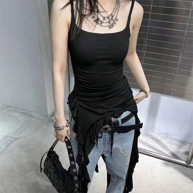 Deeptown Sexy Tank Top Asymmetrical Black Y2k Women Ruffle Grunge Backless Coquette Fashion Streetwear Tops Solid Aesthetics 250226bj