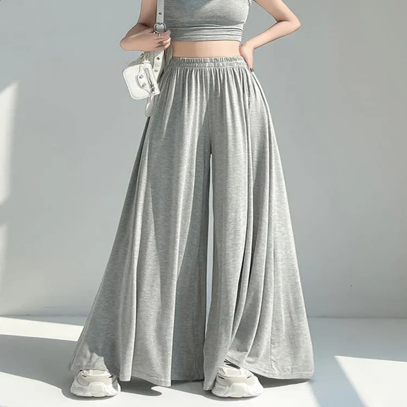 Grey Ice Silk Wide Leg Pants for Womens Summer Thin Pear Body Small Size High Waist Strap Casual Tight Pants Loose Fit Trouser 250427