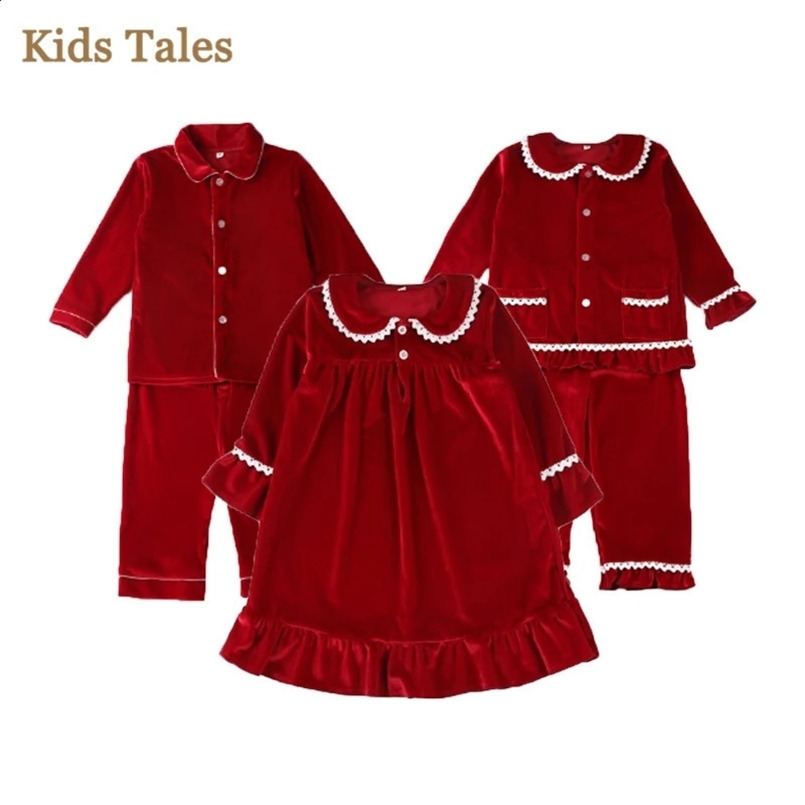 1-11Y Baby Boy Girl Christmas Essential Warm Winter Red Velvet Pajamas Set Toddler Long Sleeve Lace Sleepwear Kids Clothing Suit 241120