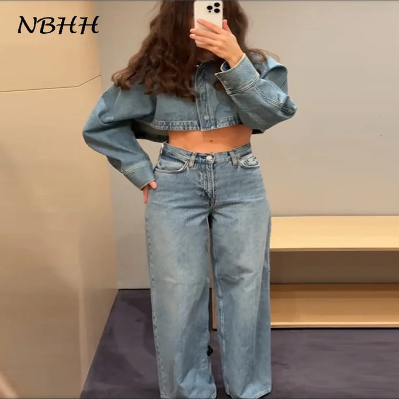Street Fashion Denim Short Jacket Pants Sets Women Long Sleeve Lapel Blue Cropped Coat Wide Leg Trousers Spring Lady Suits 250603
