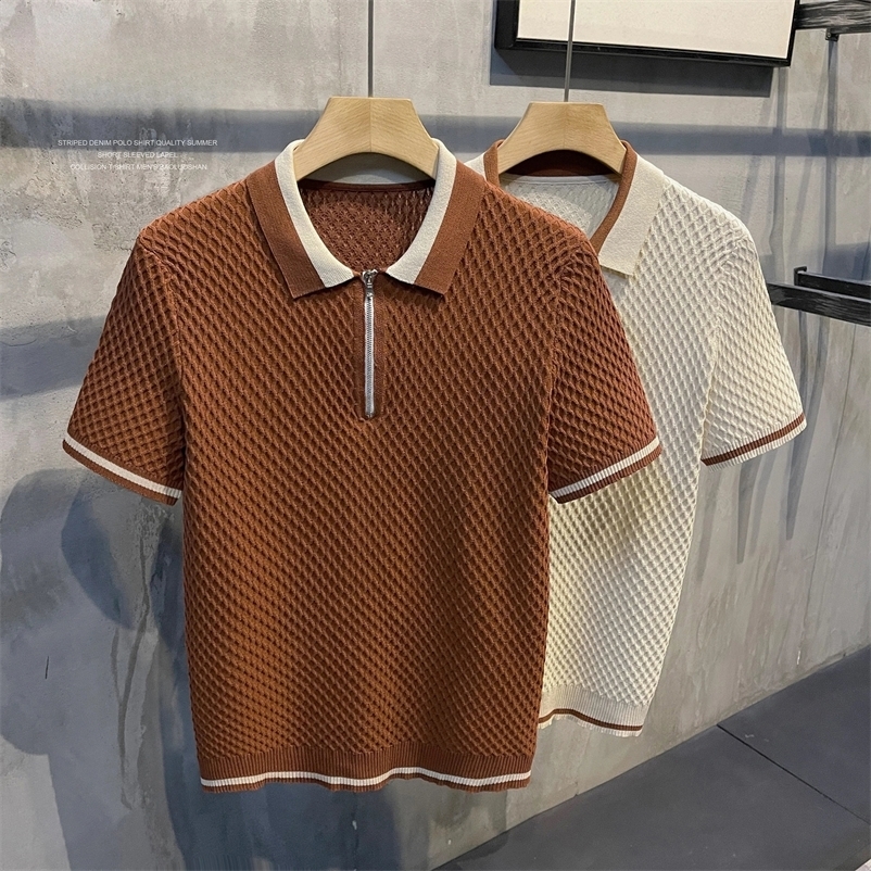 Mens casual V-neck knitted jacquard polo shirt solid color short sleeved solid color shirt breathable clothing B24 241203