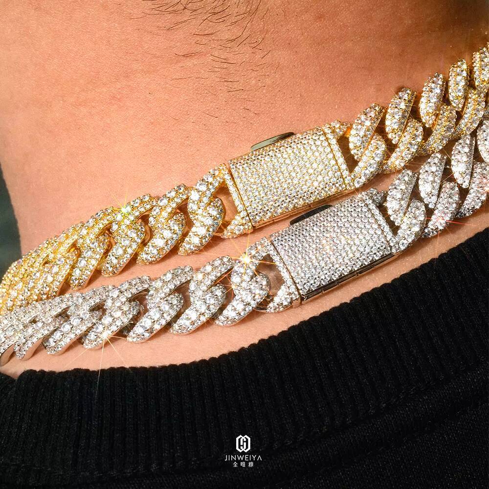 JWY 14mm Iced Out Cuban Link Chain 18K White Gold Plated 925 Silver Necklace with Dense Moissanite Bling Diamond for Wedding