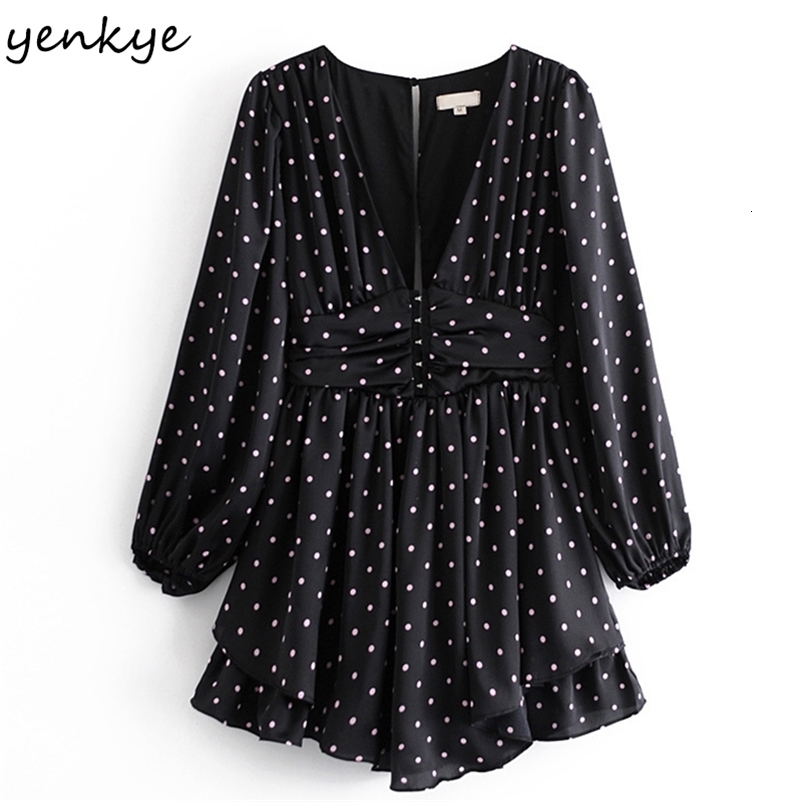 YENKYE Spring Women Vintage Polka Dot Mini Dress Fashion Lady Sexy V Neck Lantern Sleeve A-line Hem Ruffle Dress 210515