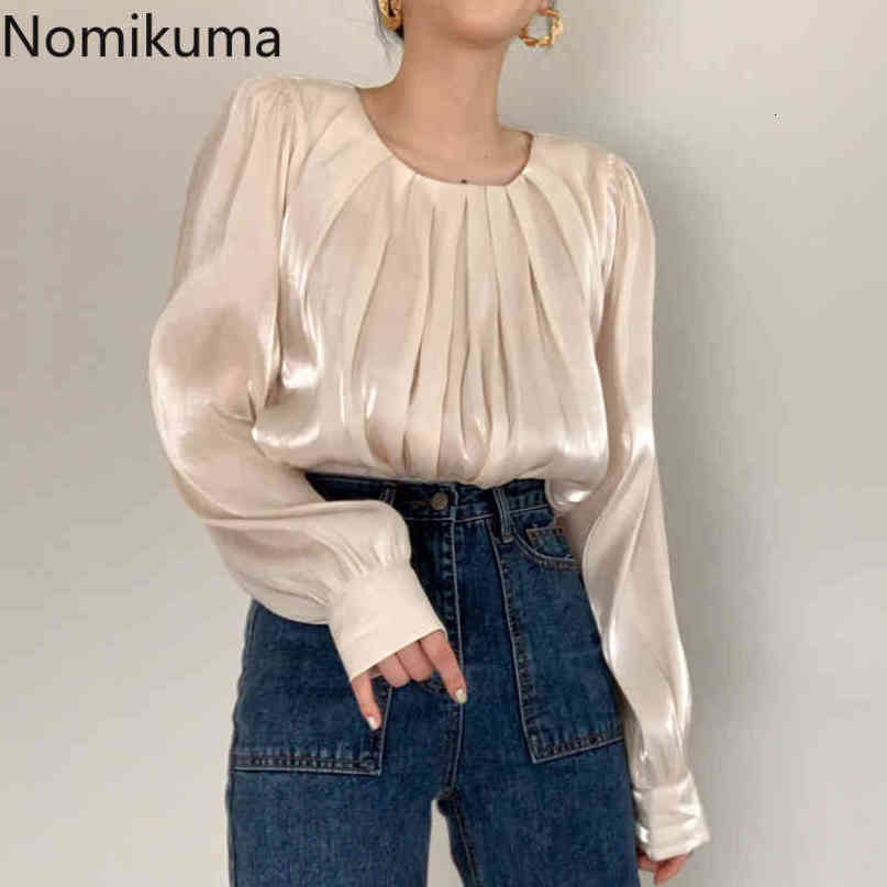 Nomikuma Causal Solid O-neck Women Blouses Korean Pleated Puff Long Sleeve Shirt Spring New Pullover Blusas Mujer 6D785 210427