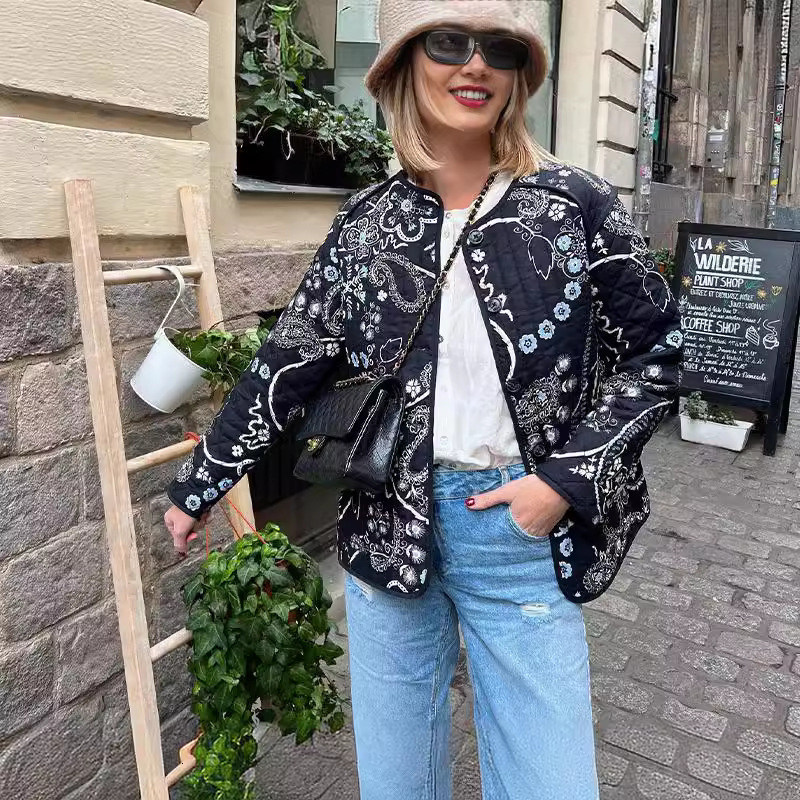 Plus Size Winter Clothing Women's New Patchwork Printed Cotton Coat O-Neck Long Sleeve Pocket Short Jacket for Women