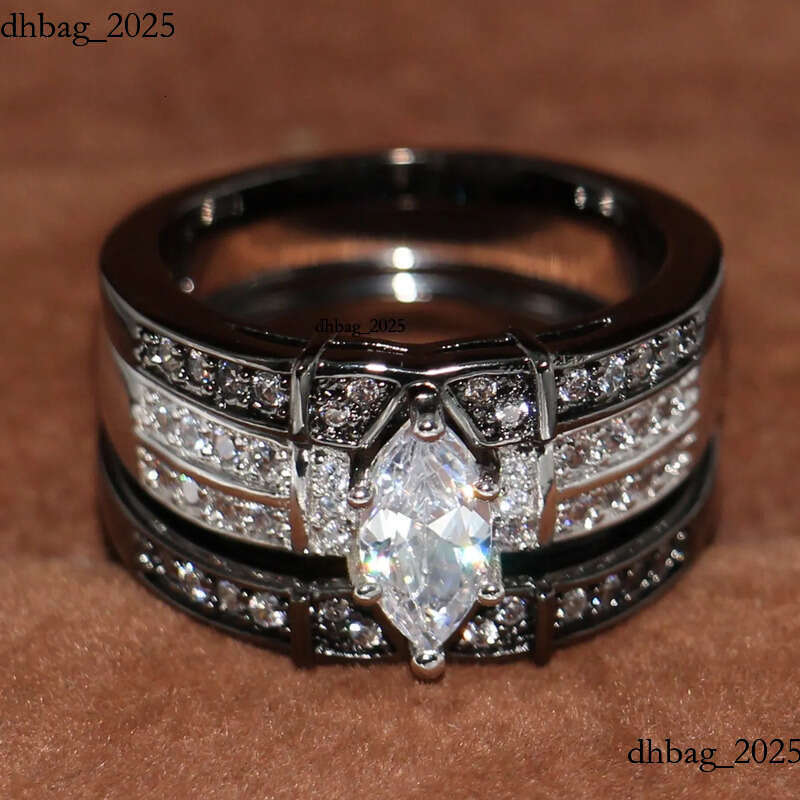 Vintage Fashion Jewelry High Quality 14KT White&Black Gold Filled Marquise CZ Dia Topaz Gemstones 3 IN 1 Wedding Couple Ring Set Gift