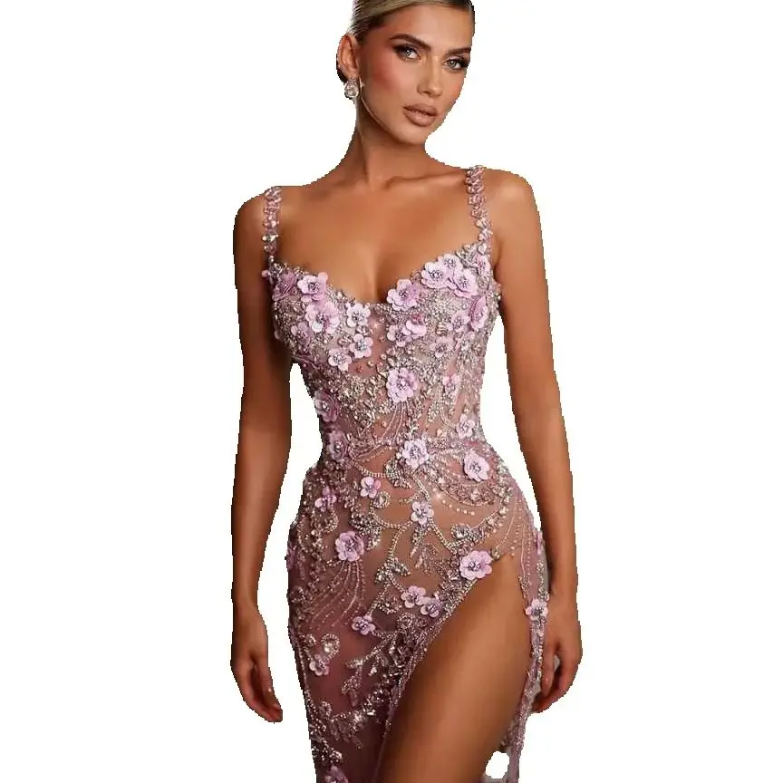 Sexy Prom Gown Sequined Lace Evening Dress Flower Party Dresses Side Slit Bridal Gowns Crystal Robes De Mariee Size Customized vestido de novia L25234