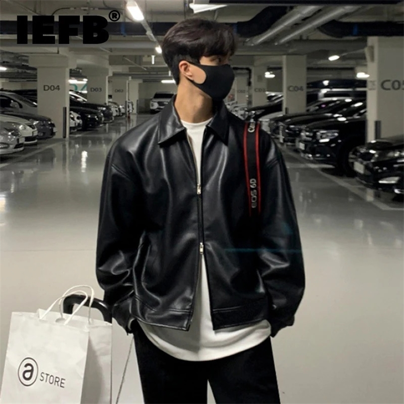 IEFB Korean Chic Double Zipper Mens PU Leather Jacket Black Simple Trendy Lapel Autumn Black Coats Chic Casual 9A1175 250109