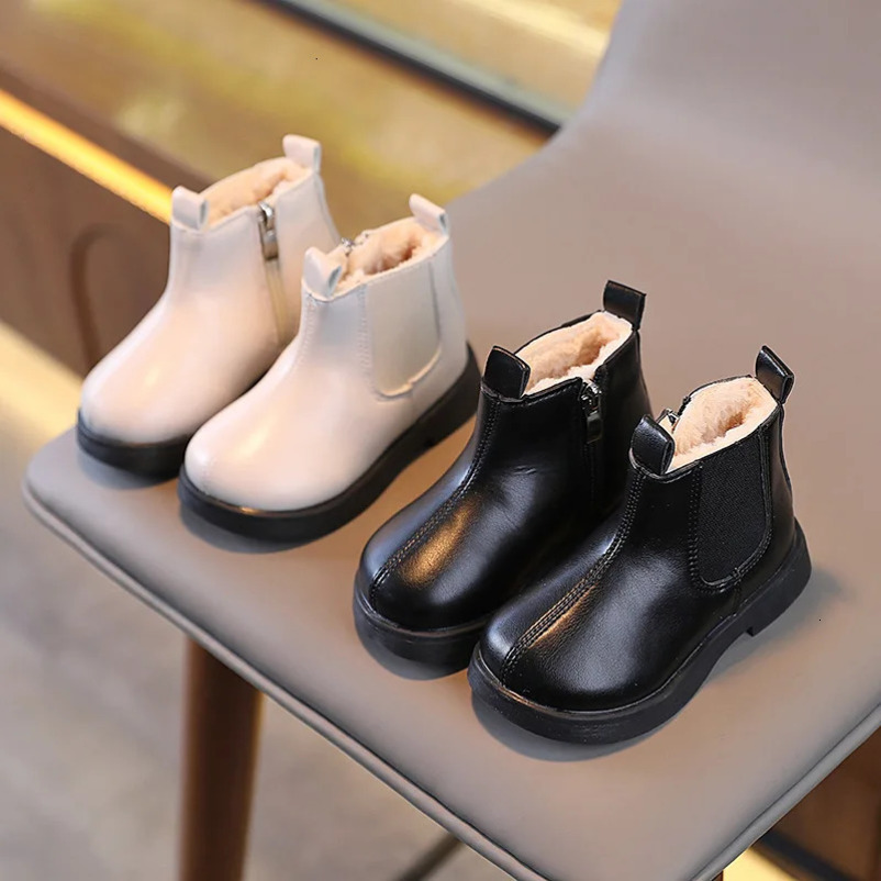 Children Short Boots for Girls Cool Black Winter Beige Boys Cotton Kids Chelsea Boots PU Fashion Non-slip Round-toe Britain 241219