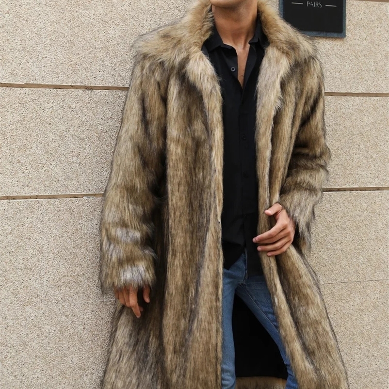 Coat Mens Warm Faux Fur Loose Autumn Winter Brown Long Coats Turn Down Collar Sleeve Men High Waist Maxi Elegant Jacket 240911