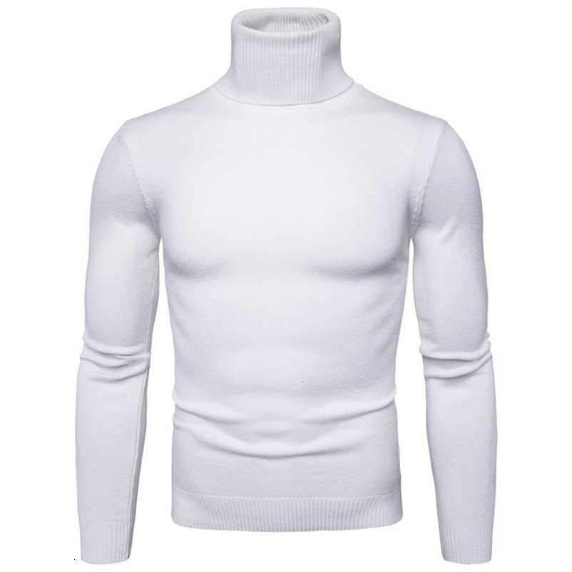 Long Sleeve Sweater Man Style Slim Knitted White High Neck Sweaters 201211