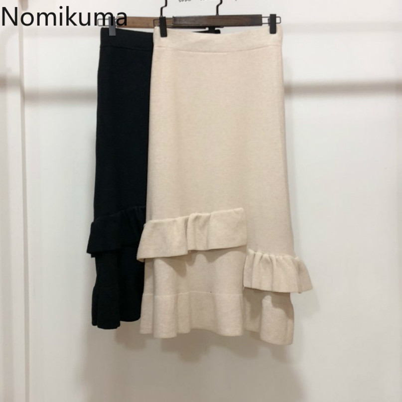 Nomikuma Knitted Ruffle Patchwork Mermaid Skirt Korean High Waist Women Sweater Skirts Autumn Winter New Faldas Mujer 6D090 210427