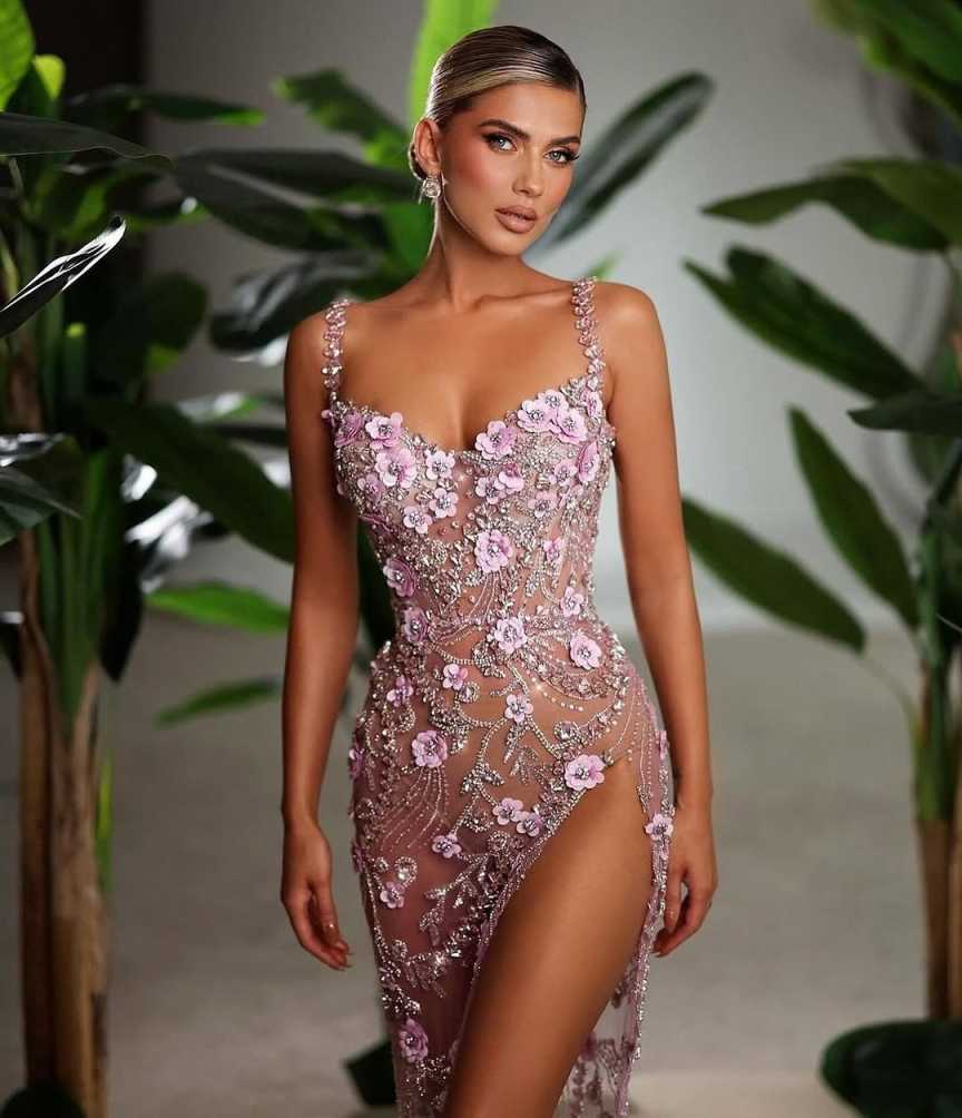 Sexy Prom Gown Sequined Lace Evening Dress Flower Party Dresses Side Slit Bridal Gowns Crystal Robes De Mariee Size Customized vestido de novia L25234