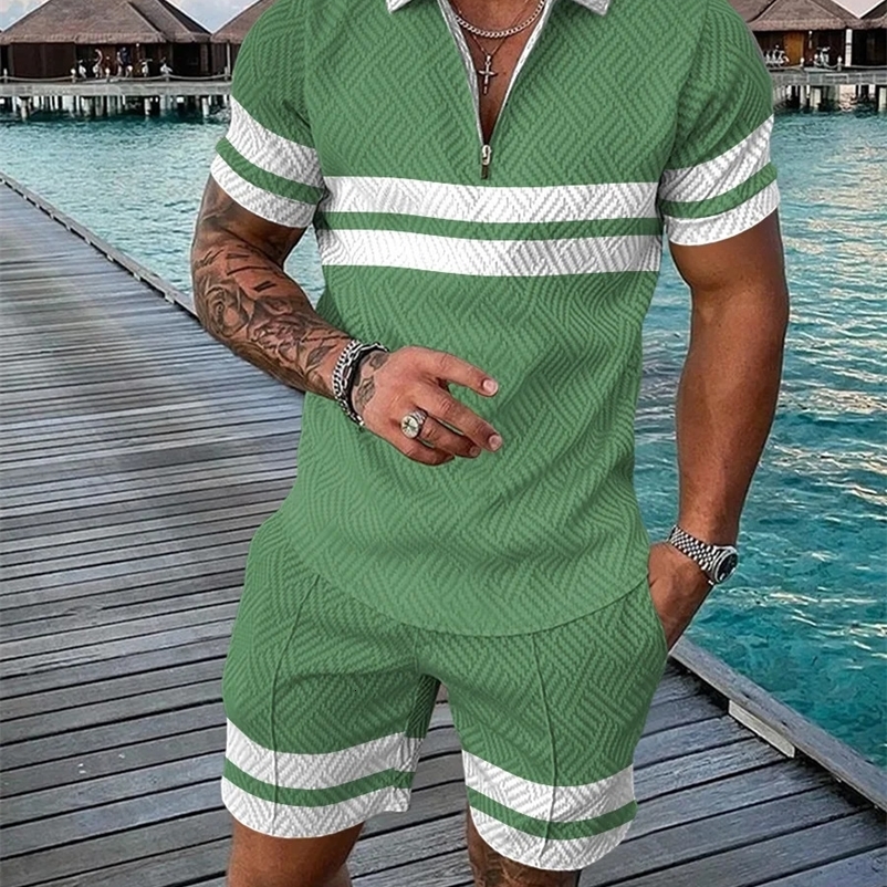 Hawaiian Tracksuit 2-piece set 3D printed zipper polo shirt short sleeved shirt and shorts casual fashion zipper mens 2PCS clothing 240930
