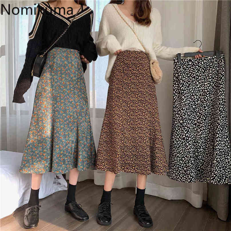 Nomikuma Corduroy Floral Women Mermaid Skirt Korean High Waist Elegant A-line Skirts Autumn Winter New Faldas Mujer 6C992 210427