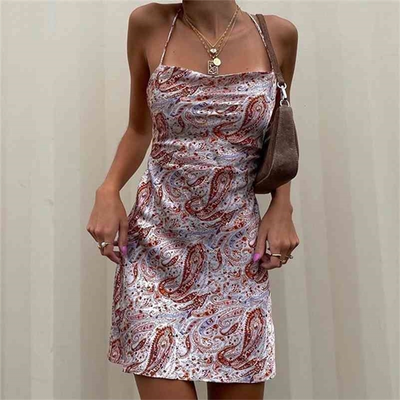 DISEYAR Floral Print Women's Summer Dress Sexy Bodycon Spaghetti Strap Backless Slim Satin Casual Streetwear Outfits 210630