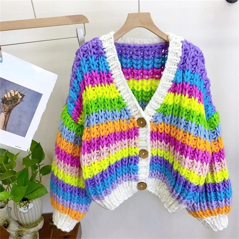 Women Handmade Rainbow Colorful Warm Chunky Knit Bulky Cardigan Autumn Winter In 240717
