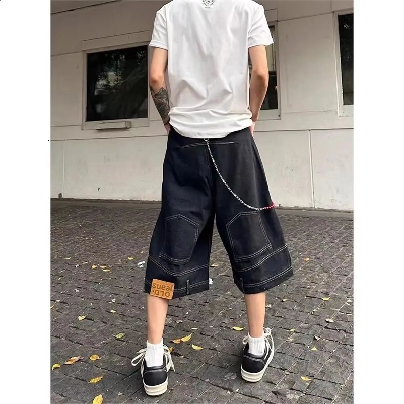 Hip hop retro waist reversal mens denim shorts Instagram Gothic streetwear loose straight leg pants sports pants 250210