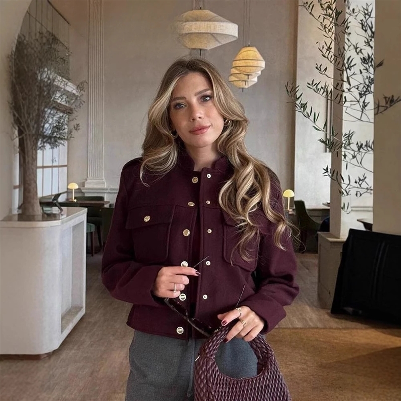 Women Vintage Soft Tweed Jacket Gold Color Button Half Collar Jacket Autumn Fall Fashion Deep Burgundy Jacket 241220