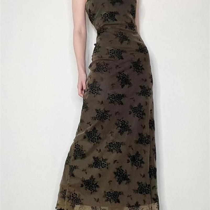 Y2K Retro Fashion Strap Printing Summer Maxi Dress Women Fairycore Grunge Chic Party Long Mesh Dresses Gothic Clothes 240319