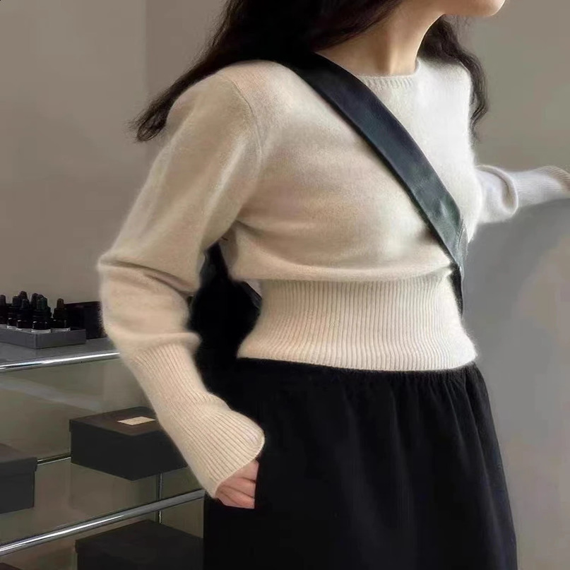Women 100% Merino Wool Soft Sweater High Waisted Straight Neck Pullover Autumn Winter European Waistband Bottoming Knitted Top 240730