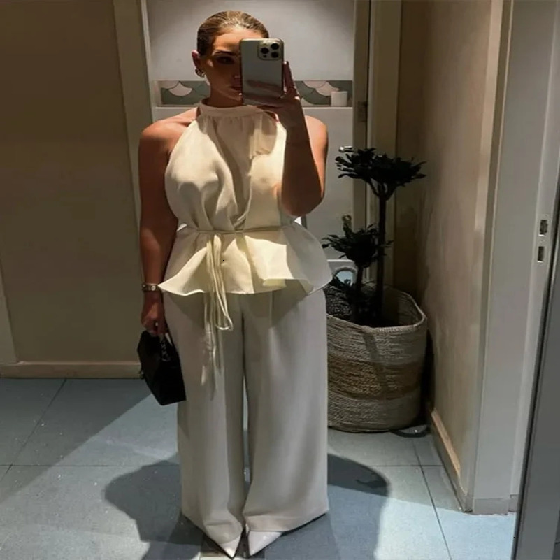 Elegant vest top pants set womens strapless sleeveless waistband vest loose Trouser set womens 2-piece spring fashion set 250415