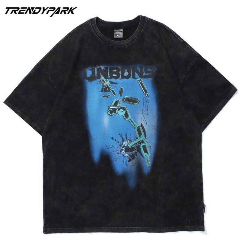 Men's Oversized T Shirt Hip Hop Breaking Chains Print Washed Tshirt Summer Short Sleeve Streetwear Cotton Casual T-Shirt 210601