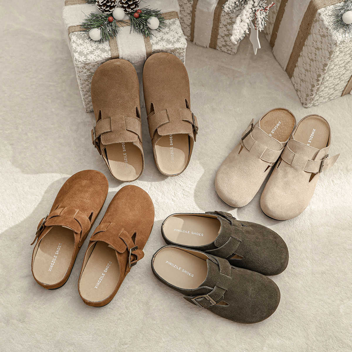 Leather cowhide Birkenstock women's shoes, cork heightening thick-soled slippers, flat-bottom fishing bag-top half-slippers, Japanese-style Birke