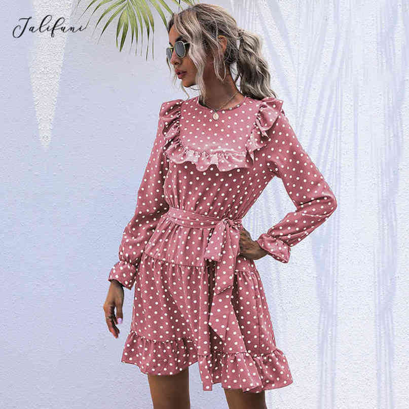 Vintage Dot Print Dress Women Casual O Neck High Waist Slim Ruffles Autumn Winter Dress For Women New Fashion 210415