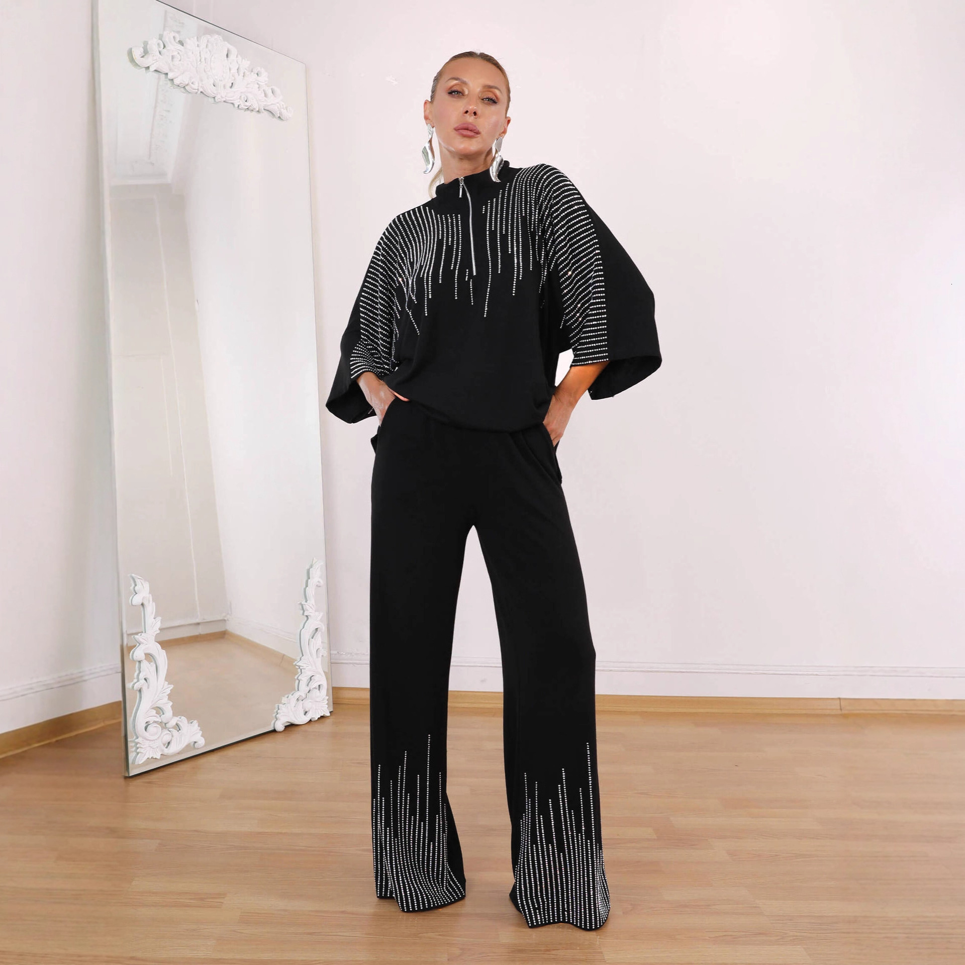 Women's Clothing 2025 Autumn New Style Personality Temperament Rhinestone Top Casual Wide-Leg Pants Two-Piece Set