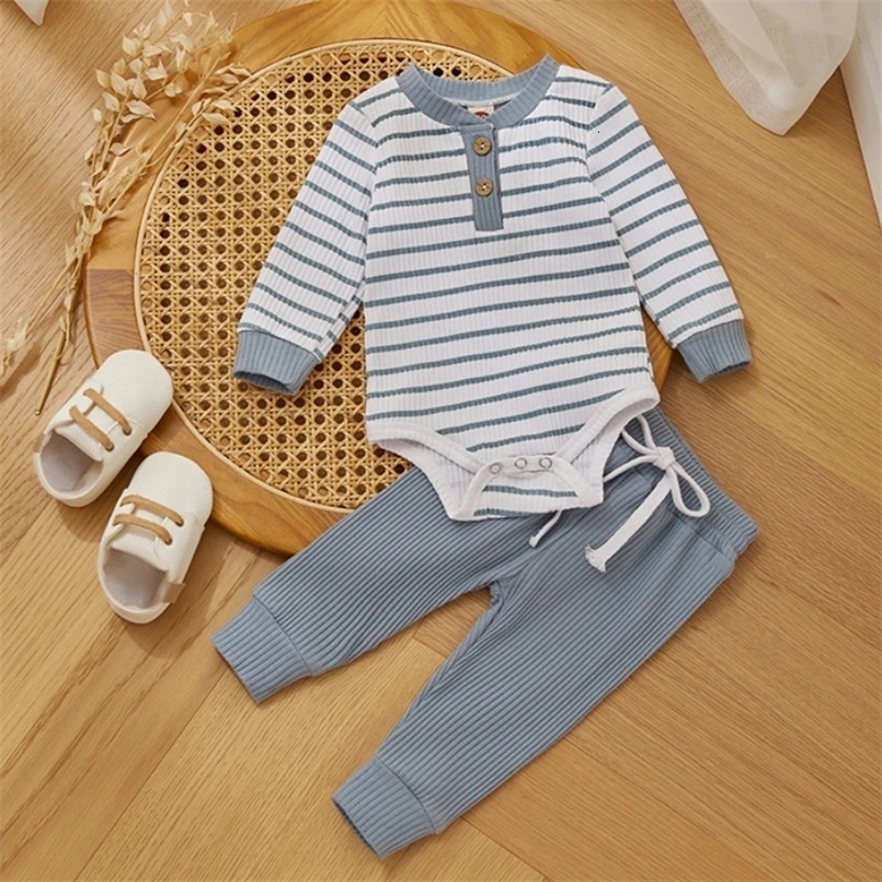 Ribbed Stripe Baby Boy Girls Clothes Fall Toddler Outfits Long Sleeve Soft Cotton Romper Pants 2PCS Set For Infant Outwear 250219