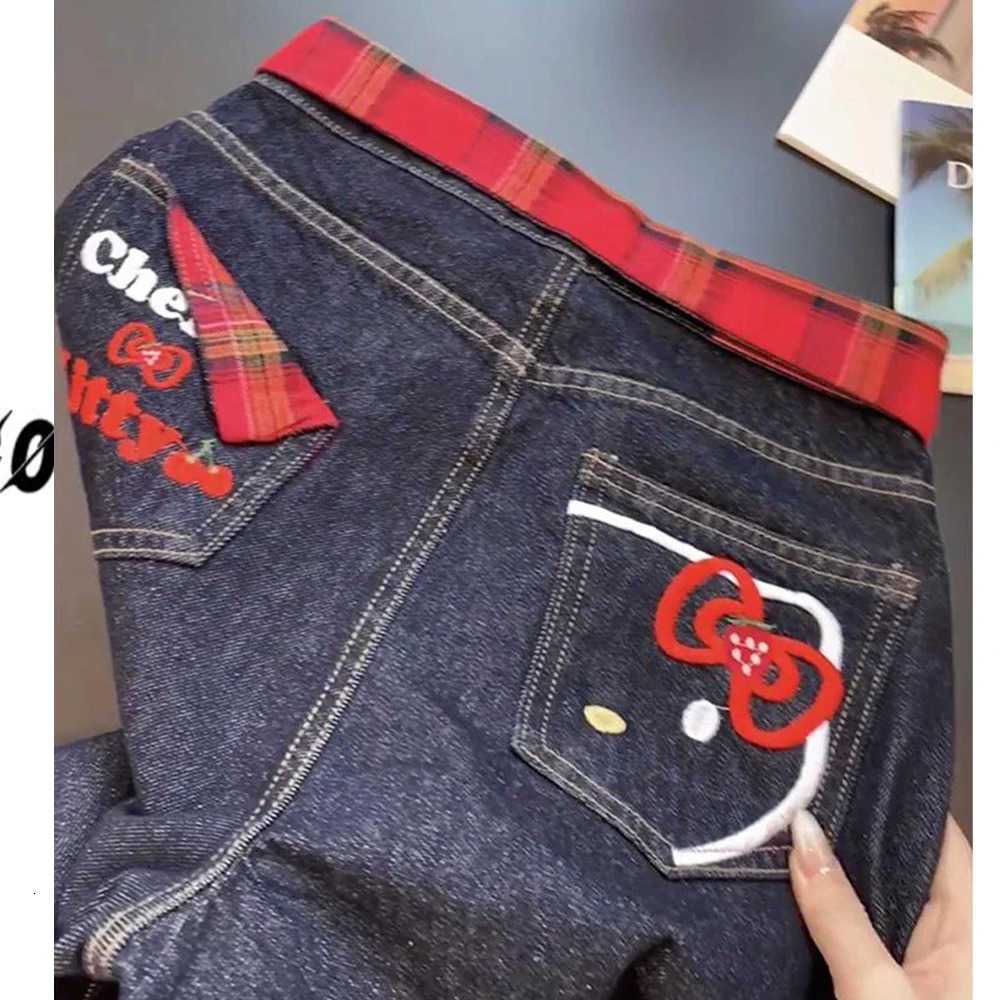 Sanrio 2025 New Long Pants Sweet American Hot Girls Hello Kitty Cat Embroidered Jeans Cute Womens Black Straight High Waist Wide Legs L250925