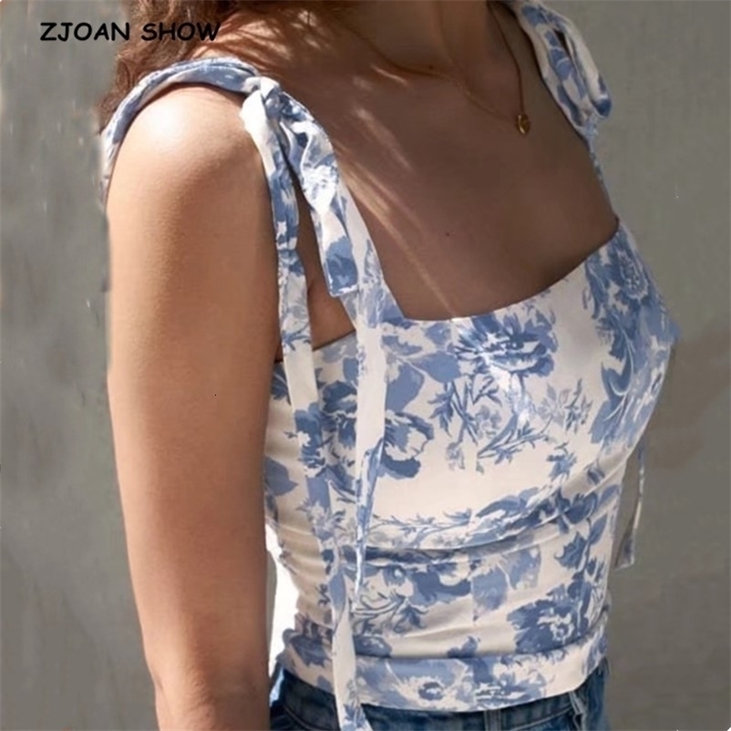 Tie Bow Strap Blue White Floral Print Camis Women Summer Ruched Short Tank Tops Retro Cool Girl Sexy Slim Crop Top Tees 210316