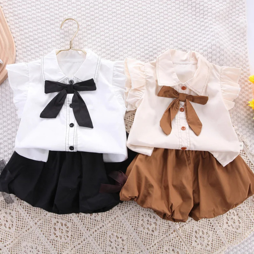 1Set Summer Childrens Suit Girls Cute Short Sleeve Bow Shirt Shorts Sets Kids Casual Outfit Baby Princess Fashion Clothing 250613