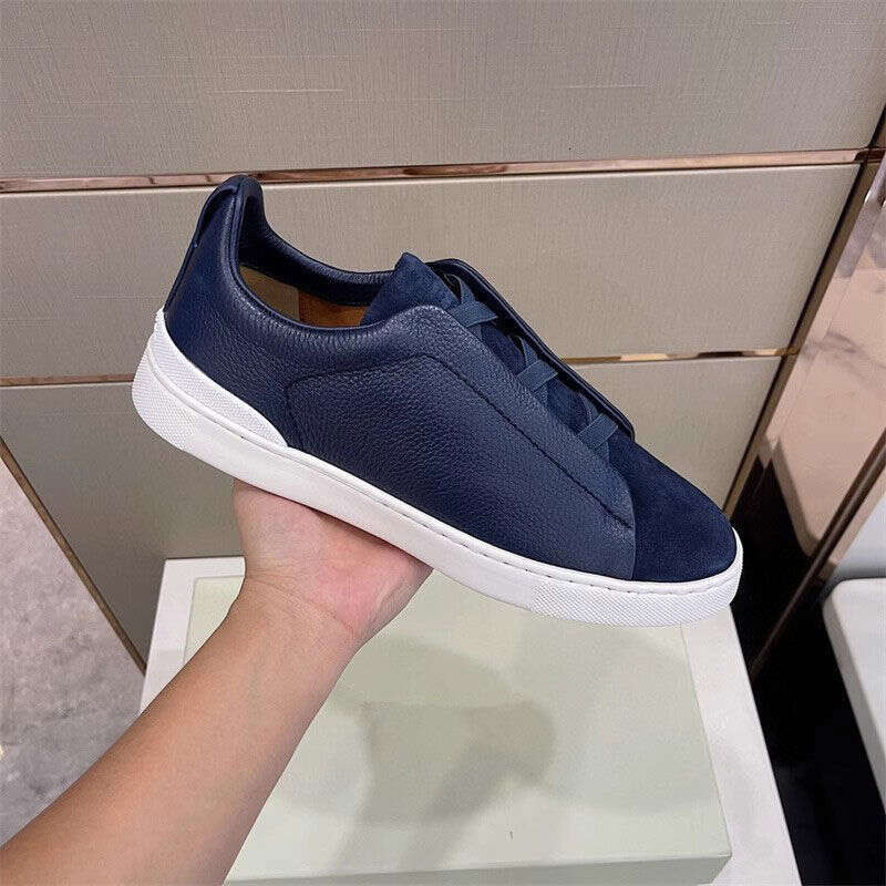 Designer Shoes Flat Sneakers with Elastic Band Men, Leather Patchwork No-Tie Shoes, Slip-On Non-Slip Casual Shoes for Men