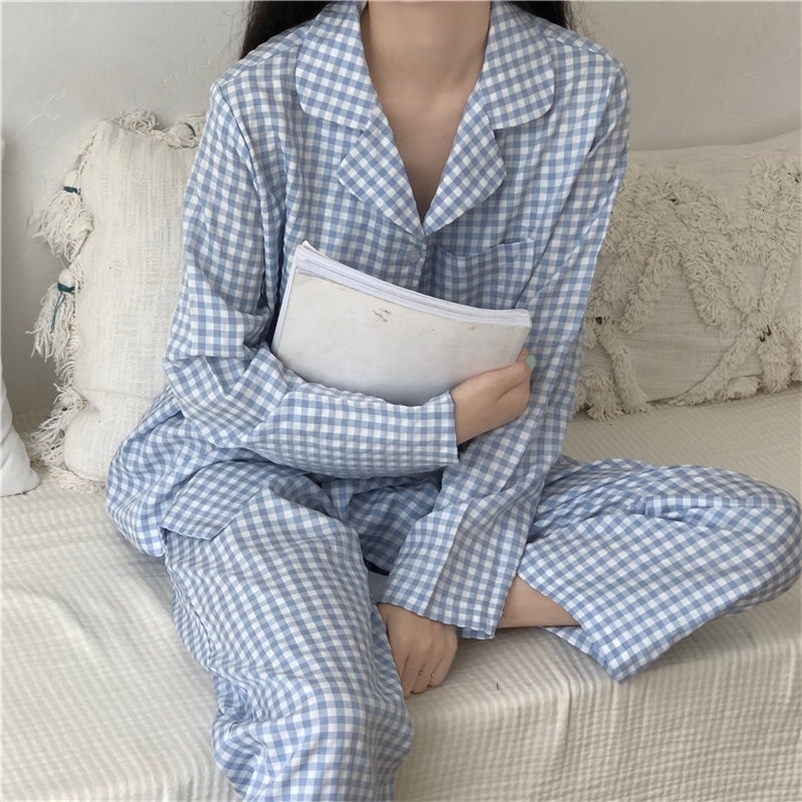 Women's Sleepwear Spring Women Plaid Pajamas Set Casual Loose Sleepwear Full Sleeve TopsLong Pants 2 Pcs Suit Home Clothes Pyjamas Nightwear 2303