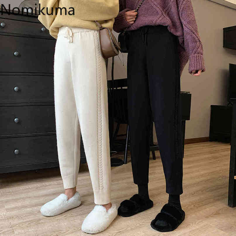 Nomikuma Autumn Winter Knitted Women Pants Lace Up Stretch High Waist Ankle Trousers Causal Solid Sweater Pants Femme 6D200 210427