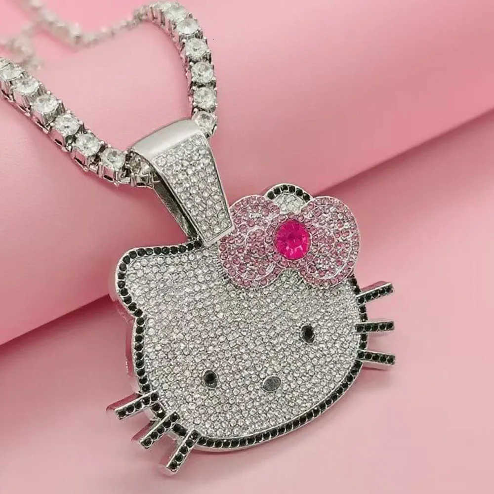 Sanrio Fashion Kawaii Hello Kitty Necklace Diamond Anime Pendant Cuban Chain Hip Hop Accessories Girl Gifts H251106