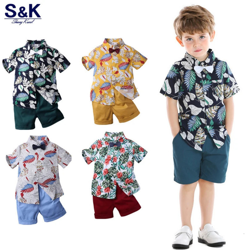 Boys Clothes Sets Infant Kids Floral Print Short Sleeve Shirt Bowtie ShirtShorts Baby Gentleman Suits Summer Hawaiian Outfit 250224