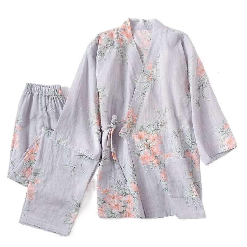 Women's Sleepwear 100% Cotton Women Sleepwear Home Clothes Ladies Half Sleeve Kimono Robe Sets Long Trousers Pajamas Suit Homewear Pijama Seda 23