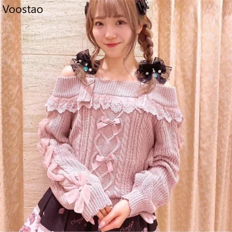 Vintage Sweet Lolita Style Knitted Pullover Autumn Girls Cute Off Shoulder Lace Ruffles Bow Sweater Women Harajuku Knitwear Tops 240911