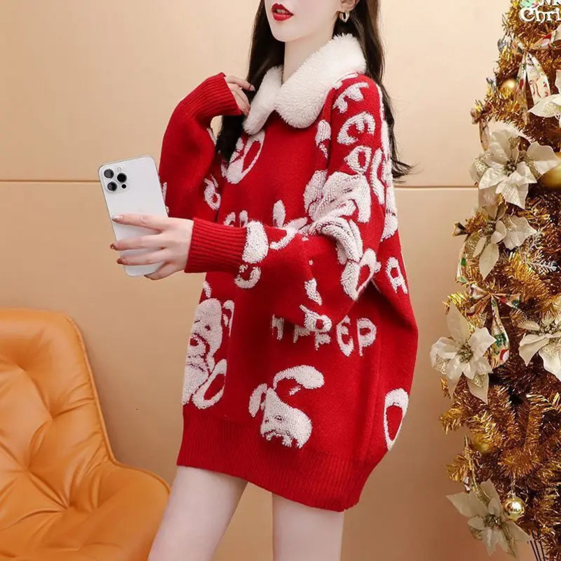 Wxw3823 Winter Red Christmas Knitted Sweater Womens Fur Collar Long Knitted Sweater Pulling Flower Womens Loose Warm Thick 241113